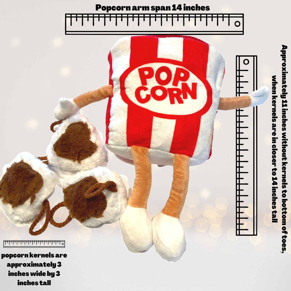 Soft popcorn kernel plush in a red-white striped bucket hat, pretend play Movie Night set piece on Tampa Home & Garden Store