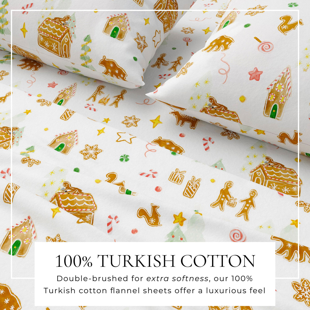 Turkish Cotton Flannel Sheet Set Kids' Christmas Collection white with gingerbread houses on Tampa Home & Garden Store