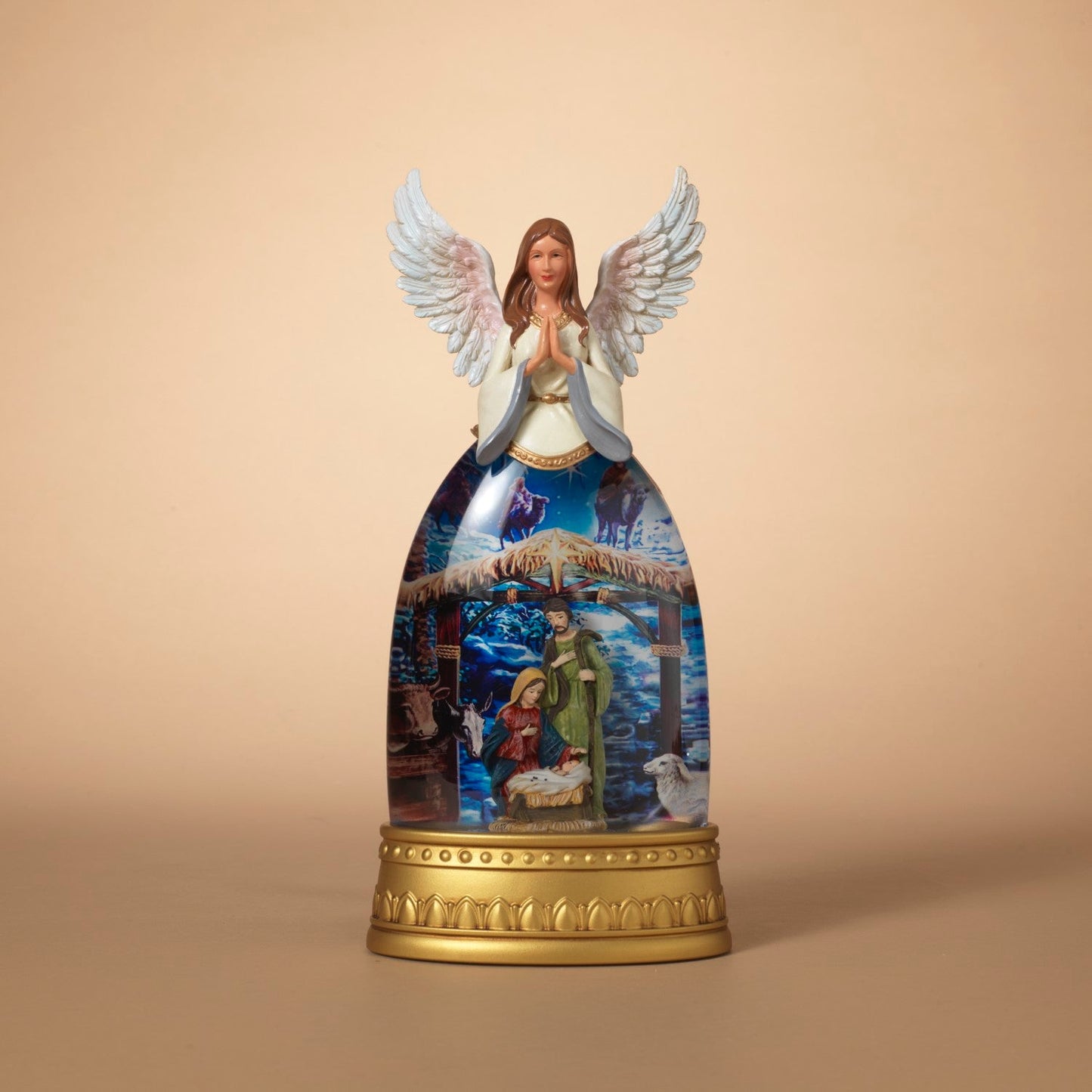 12 inch lighted spinning nativity water globe with an angel on top and a gold base on Tampa Home & Garden Store