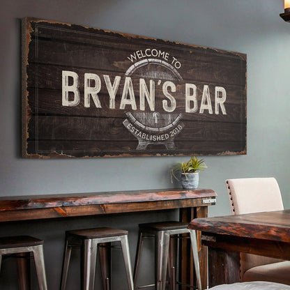 Beer Barrel Bar Sign canvas wall art in dark rustic wood finish by Tailored Canvases on Tampa Home & Garden Store