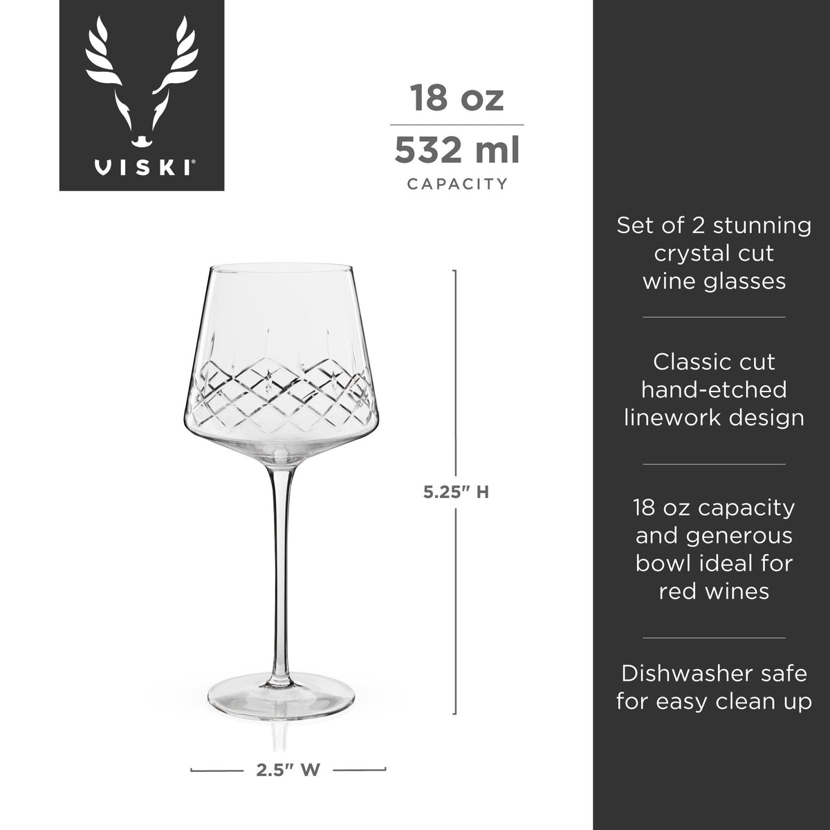 Viski Admiral Crystal Burgundy wine glasses set of 2 with diamond-cut bowl on Tampa Home & Garden Store