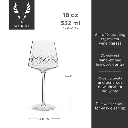 Viski Admiral Crystal Burgundy wine glasses set of 2 with diamond-cut bowl on Tampa Home & Garden Store