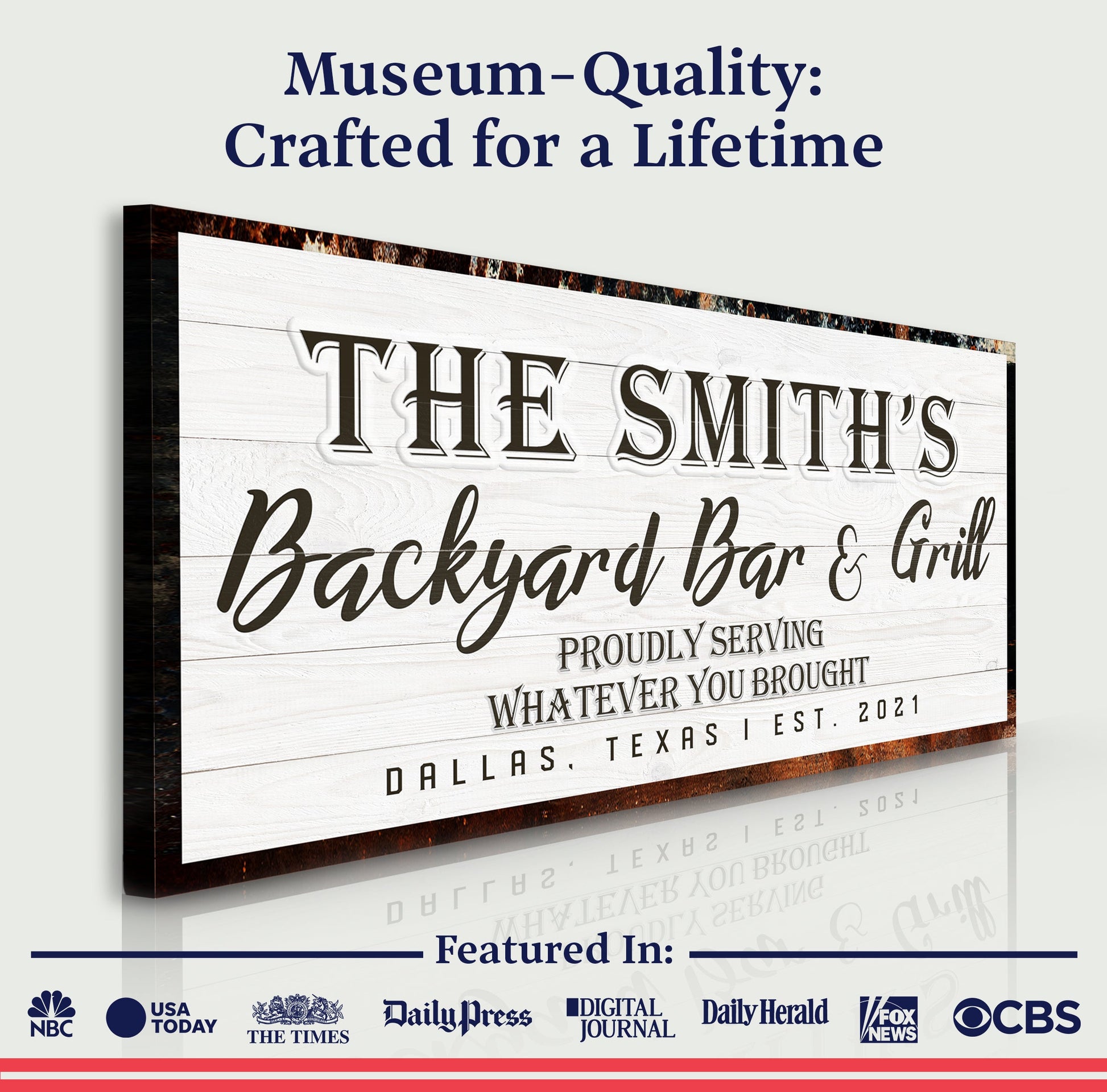 Tailored Canvases Backyard Bar & Grill Sign XIX canvas with white wood panel The Smiths on Tampa Home & Garden Store