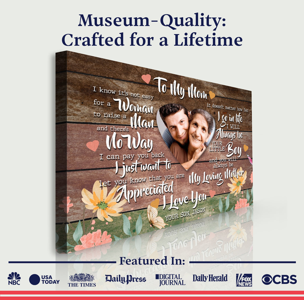Canvas Mother's Day sign by Tailored Canvases; rustic crafting white script quotes and flowers on Tampa Home & Garden Store