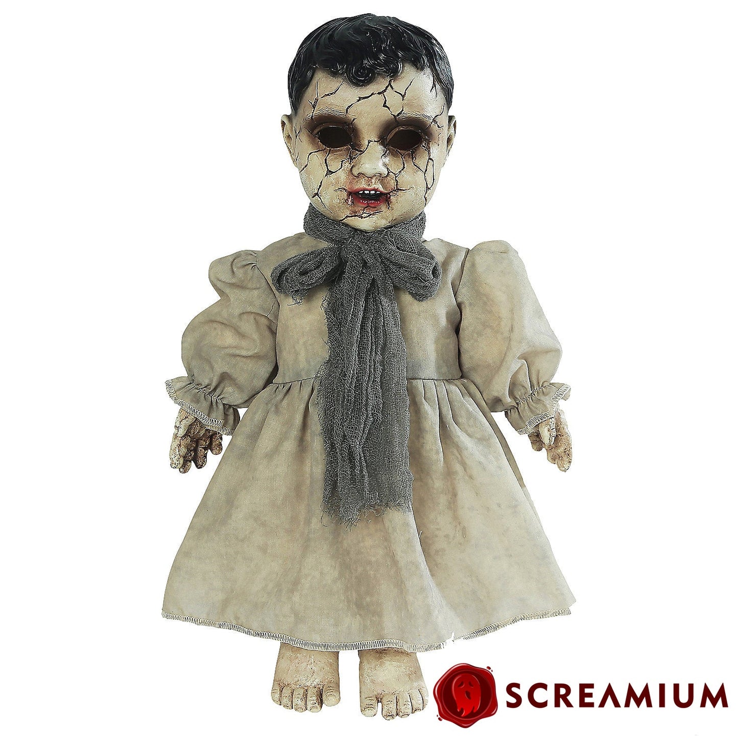 Muñeca espeluznante de cara agrietada con sonido: decoración de Halloween de 35 cm de alto