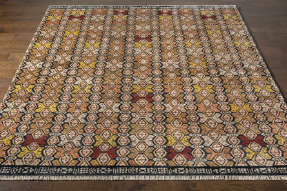 Rug Mercersburg Carpet clearance; Boutique Rugs hexagon pattern in tan, gold, red fringe on Tampa Home & Garden Store