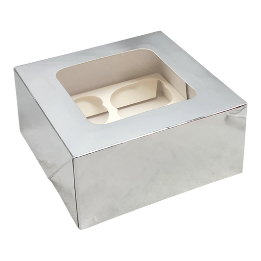 Silver cupcake box for four cupcakes or cookies with clear window lid and four-slot insert on Tampa Home & Garden Store