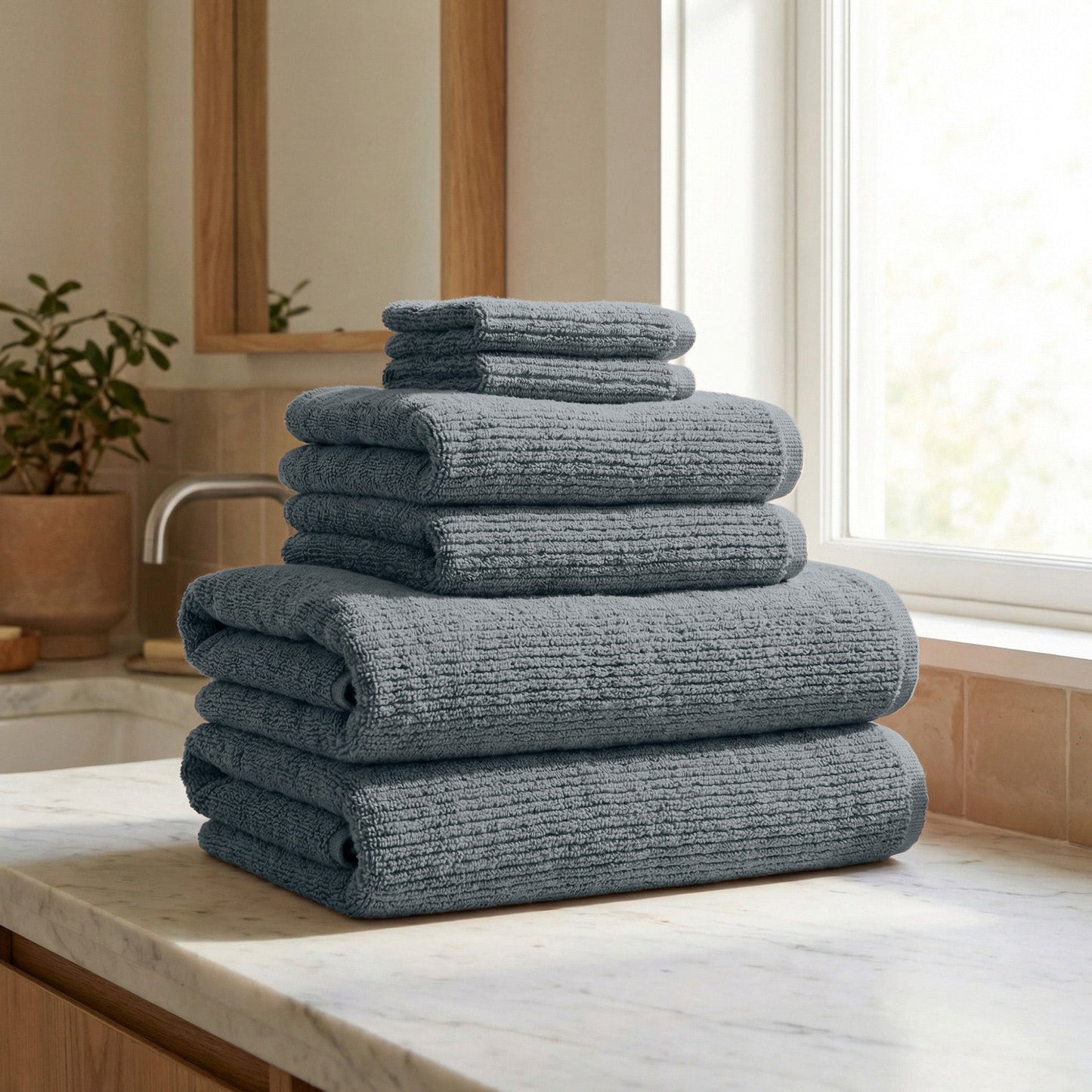 Turkish Cotton Ribbed Bath Towel Set and 6 Pieces