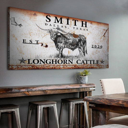 Longhorn Rustic Cattle Sign III canvas wall art by Tailored Canvases with rusted texture on Tampa Home & Garden Store