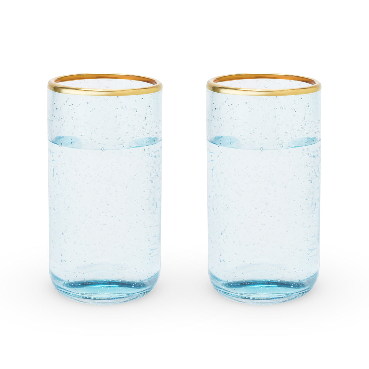 Aqua Bubble Glass Tumbler Set, 2 blue-tinted, gold-rimmed Twine Living cocktail glasses on Tampa Home & Garden Store