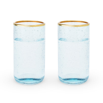 Aqua Bubble Glass Tumbler Set, 2 blue-tinted, gold-rimmed Twine Living cocktail glasses on Tampa Home & Garden Store