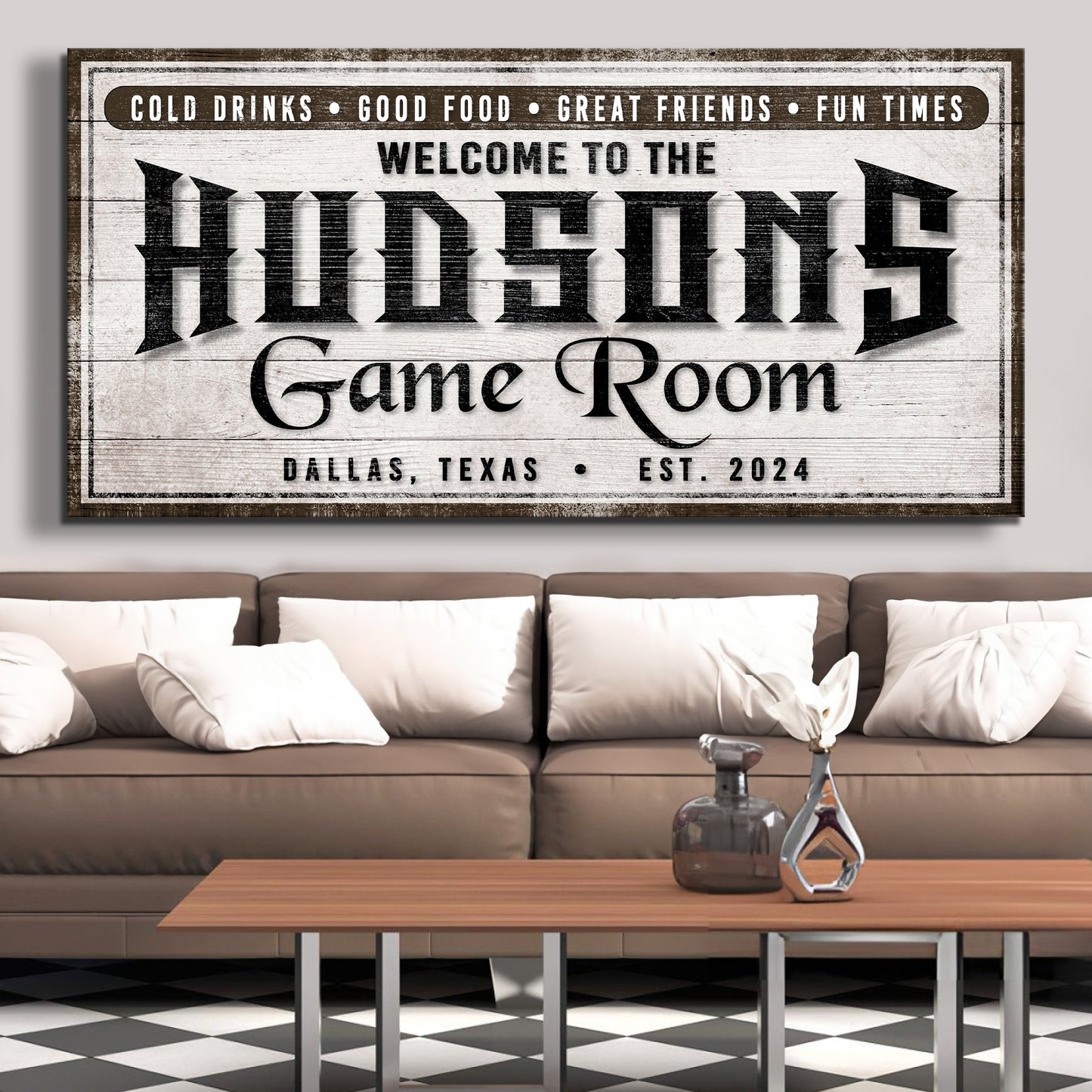 Personalized game room sign canvas with rustic distressed wood finish by Tailored Canvases on Tampa Home & Garden Store
