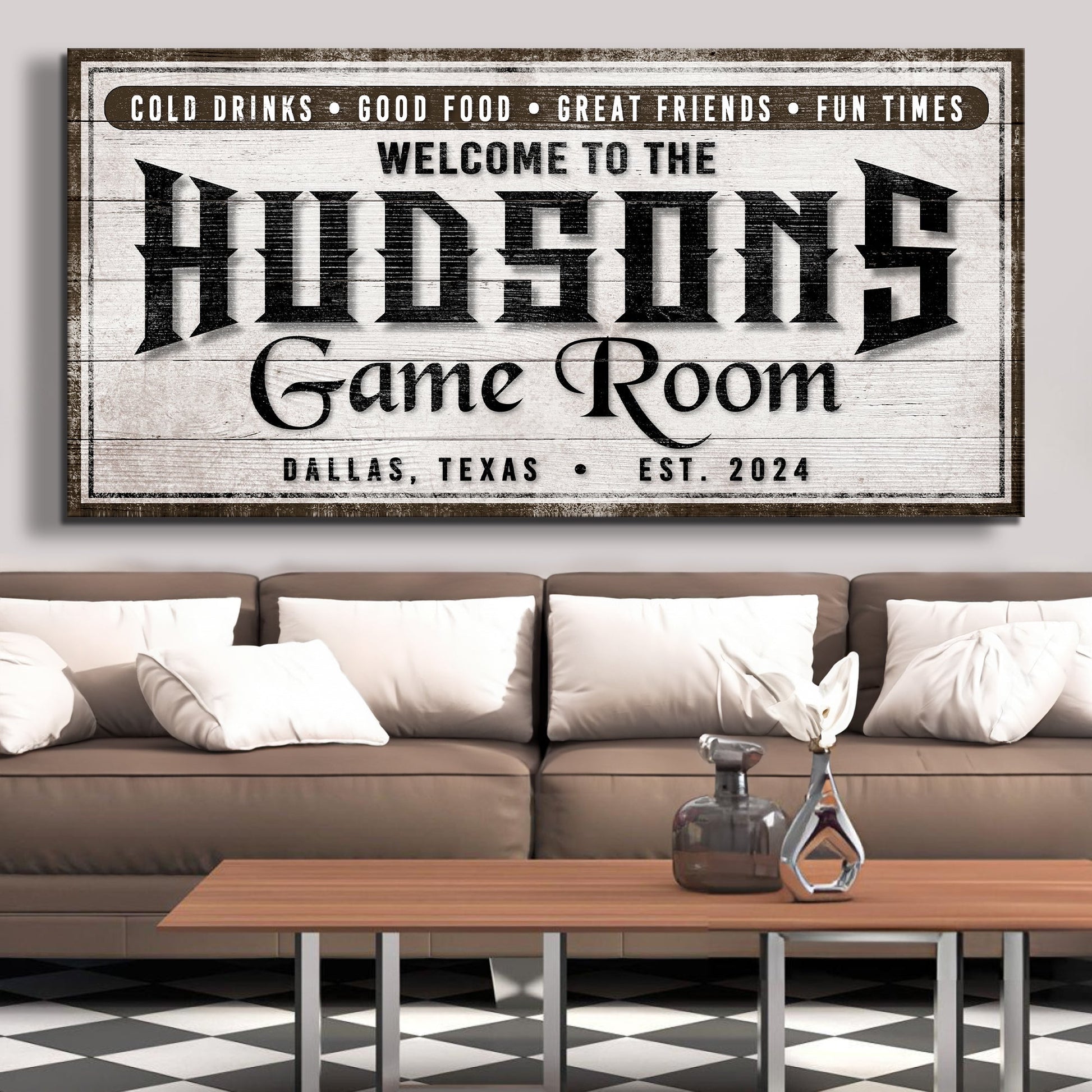 Personalized game room sign canvas with rustic distressed wood finish by Tailored Canvases on Tampa Home & Garden Store