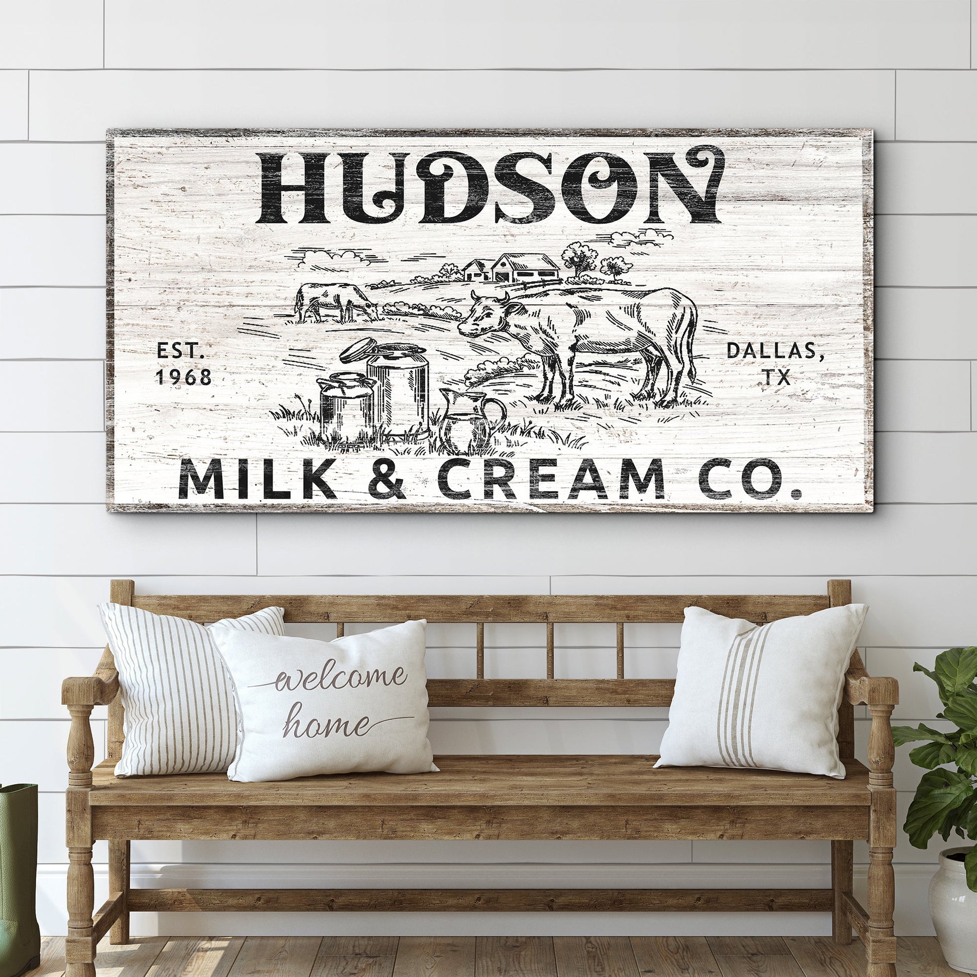 Personalized Milk & Cream Co Sign II canvas by Tailored Canvases, rustic white farm cows on Tampa Home & Garden Store
