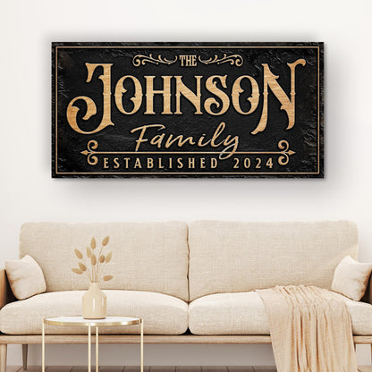 Personalized Family Sign X by Tailored Canvases with gold lettering on black textured surface on Tampa Home & Garden Store