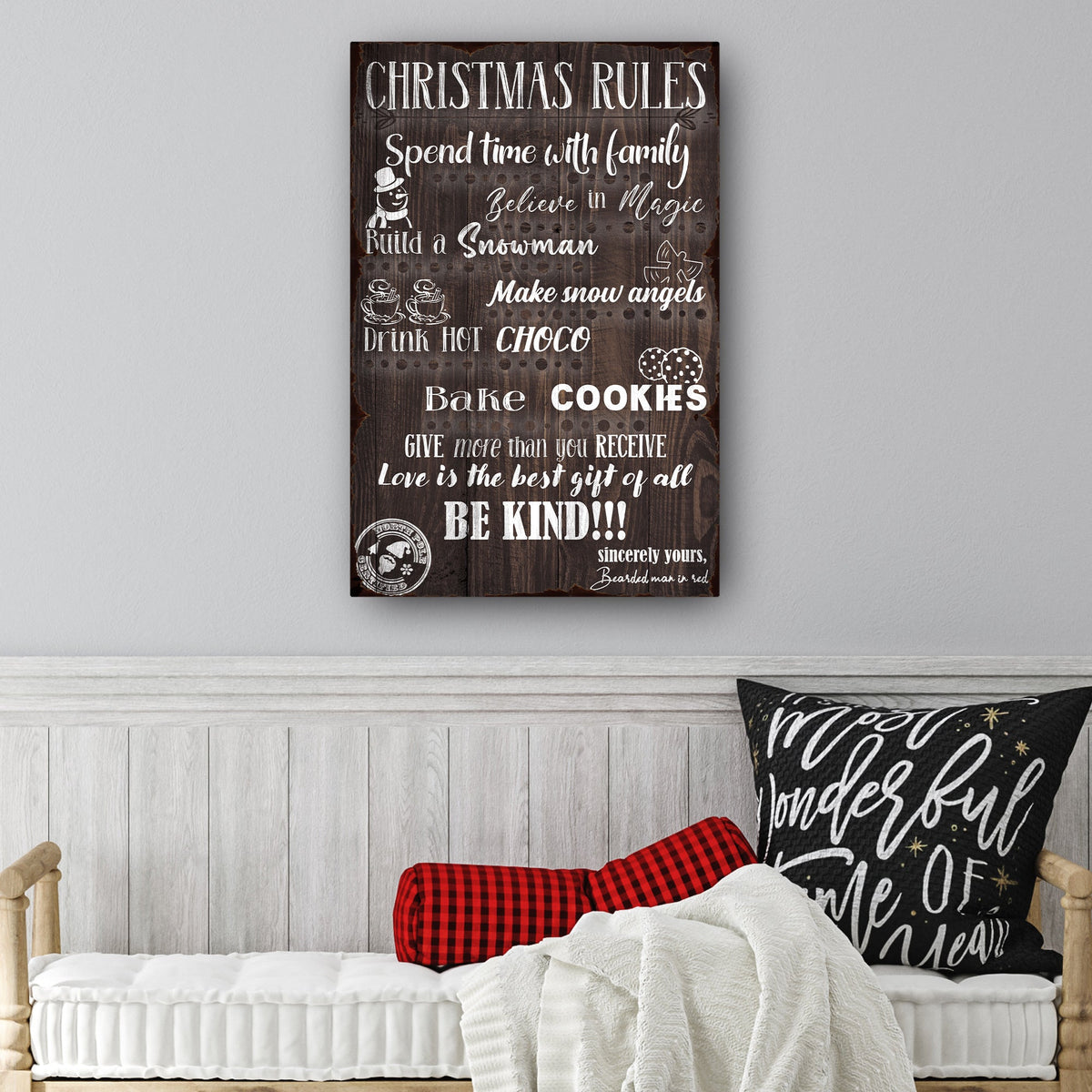 Canvas Christmas Rules Sign by Tailored Canvases with white script on dark wood background on Tampa Home & Garden Store