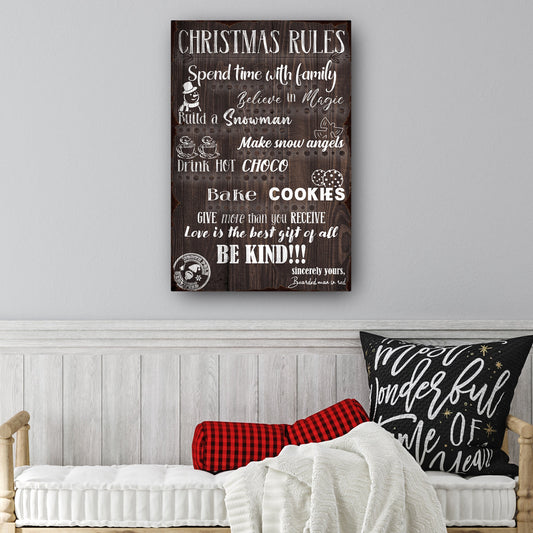 Canvas Christmas Rules Sign by Tailored Canvases with white script on dark wood background on Tampa Home & Garden Store