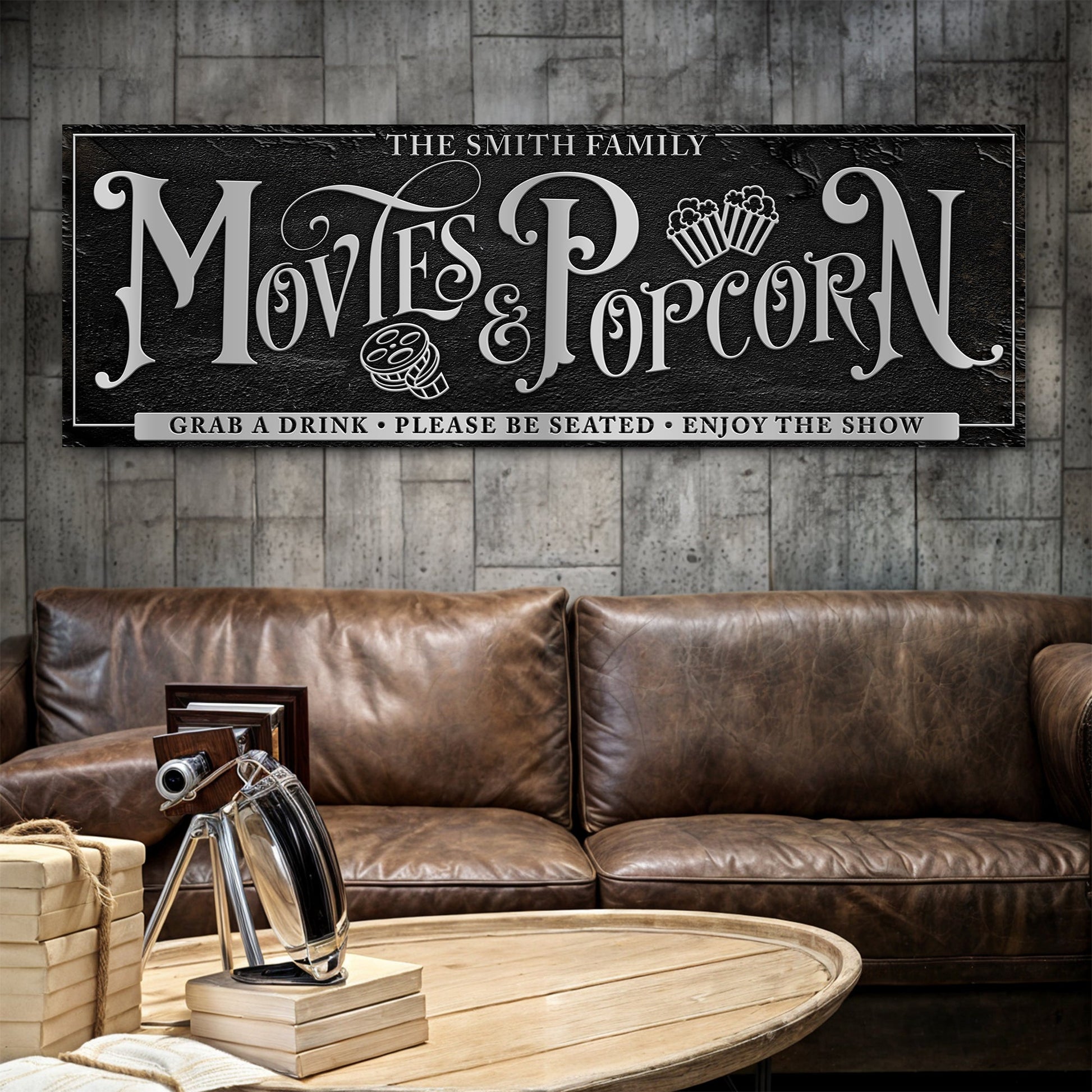Canvas sign Personalized Movies & Popcorn by Tailored Canvases with black backdrop on Tampa Home & Garden Store