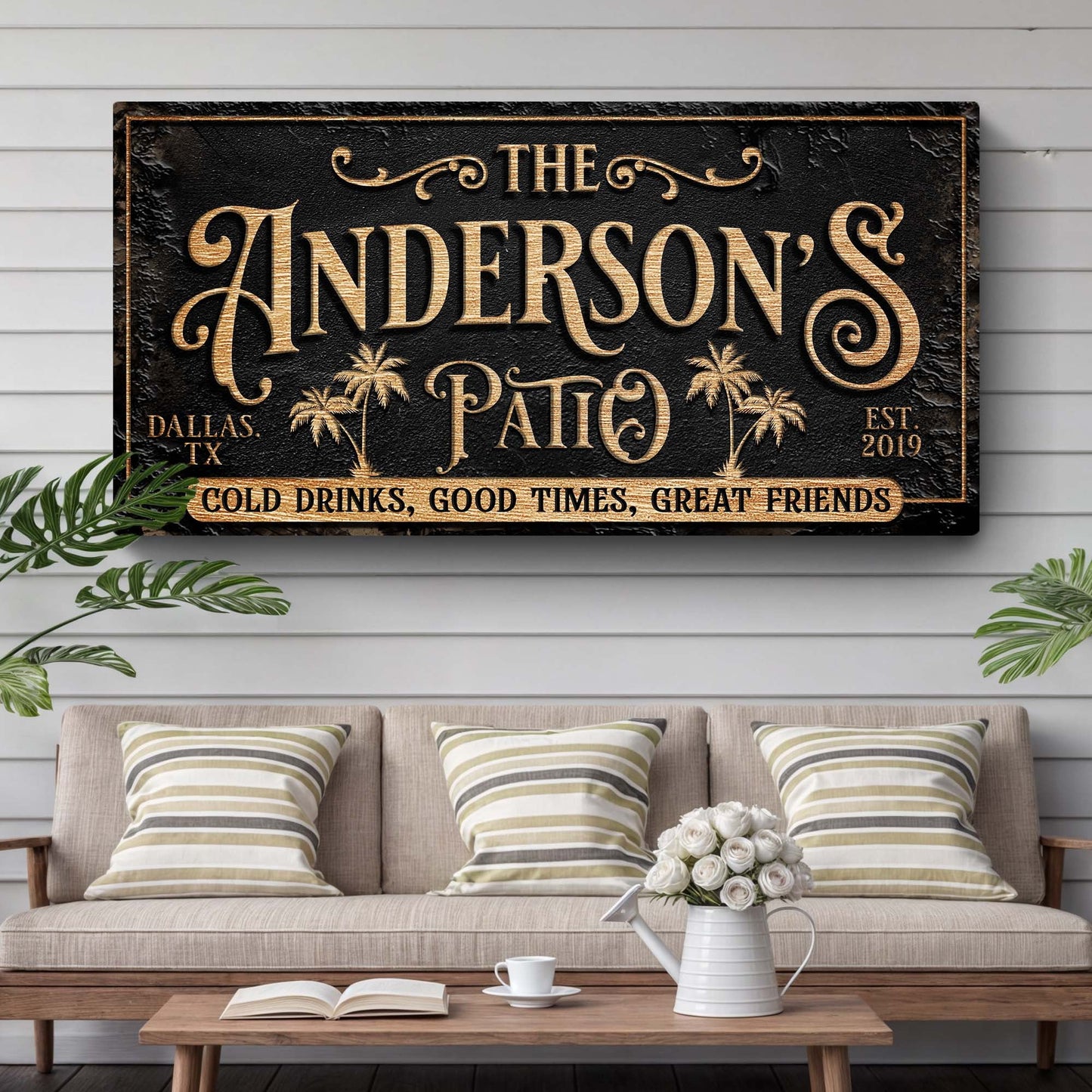 Personalized Patio Sign canvas by Tailored Canvases; black textured sign with gold lettering on Tampa Home & Garden Store