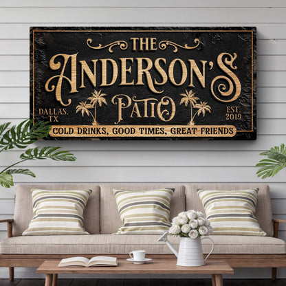 Personalized Patio Sign canvas by Tailored Canvases; black textured sign with gold lettering on Tampa Home & Garden Store