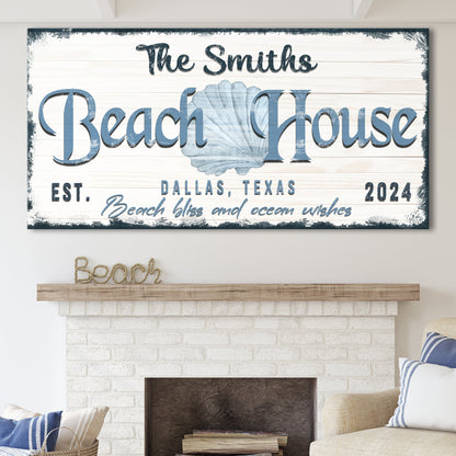 Personalized Beach House Sign IV canvas with white wood and blue text by Tailored Canvases on Tampa Home & Garden Store