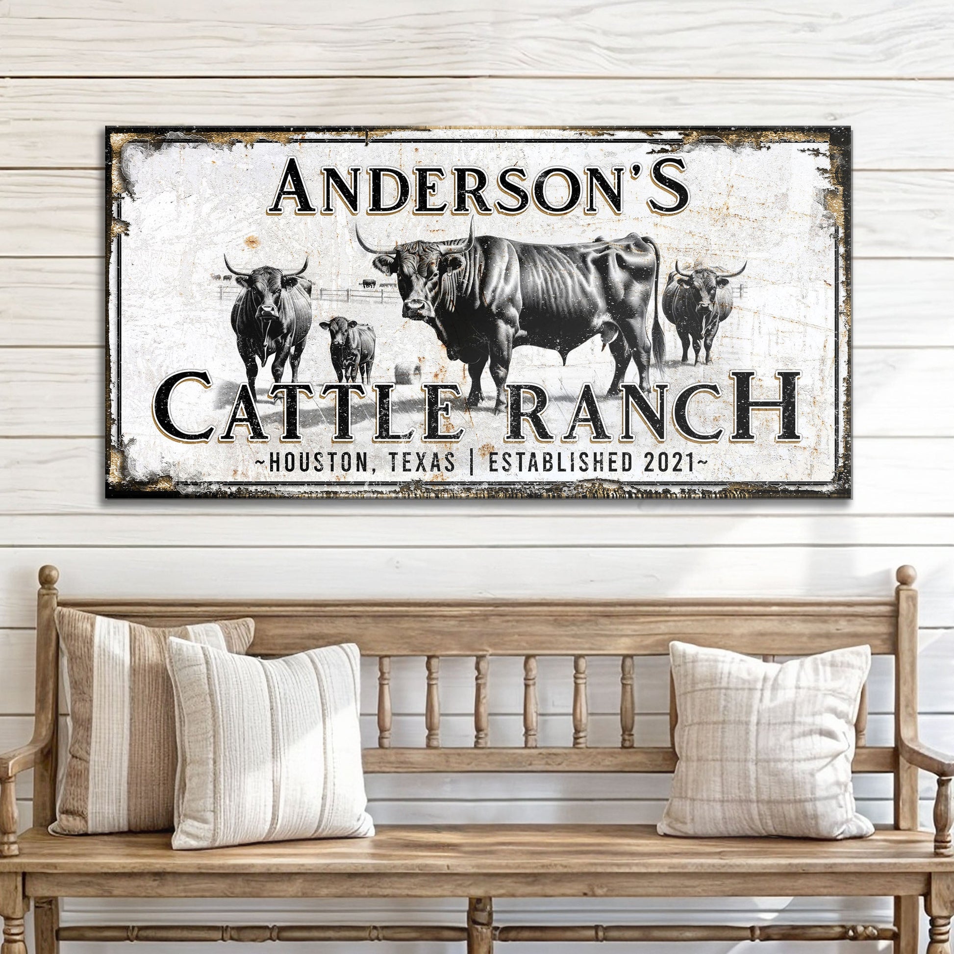 Personalized Cattle Sign on canvas by Tailored Canvases with rustic white/gray cattle artwork on Tampa Home & Garden Store