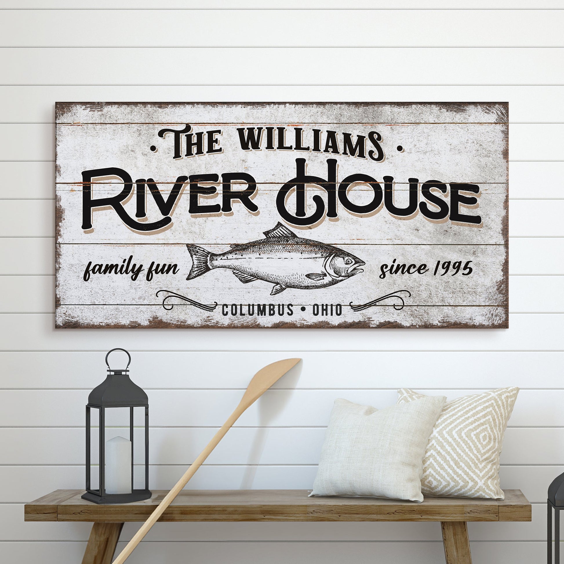 Canvas River House Sign by Tailored Canvases; rustic panel with River House text on Tampa Home & Garden Store