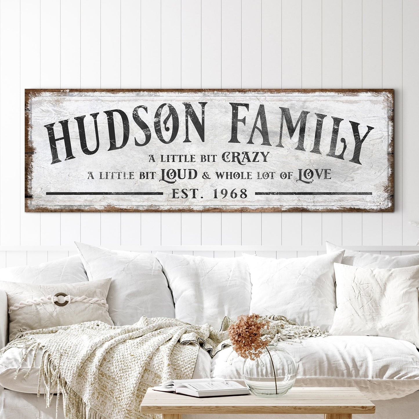 Family Sign XXII canvas distressed white with black typography and Tailored Canvases on Tampa Home & Garden Store