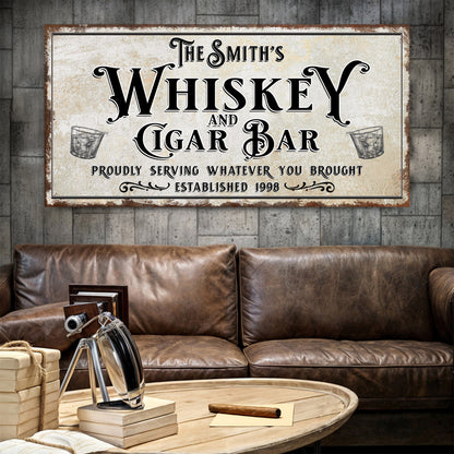Personalized Whiskey and Cigar Bar Sign canvas by Tailored Canvases with vintage lettering on Tampa Home & Garden Store