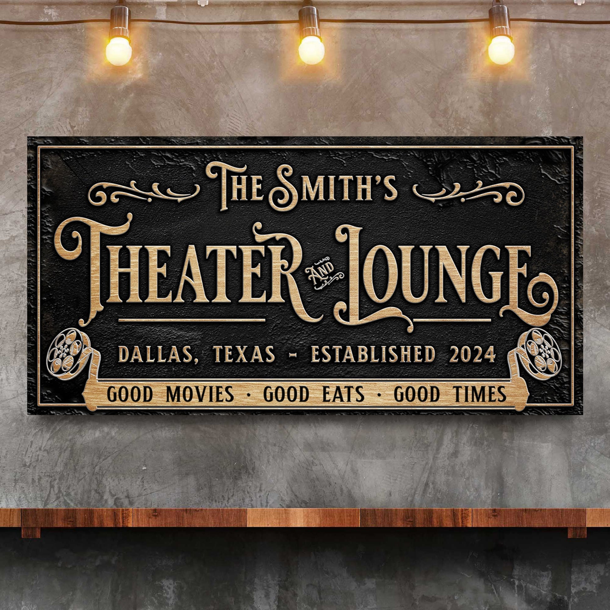 Personalized Theater Sign II canvas with black plaque and gold lettering Tailored Canvases on Tampa Home & Garden Store