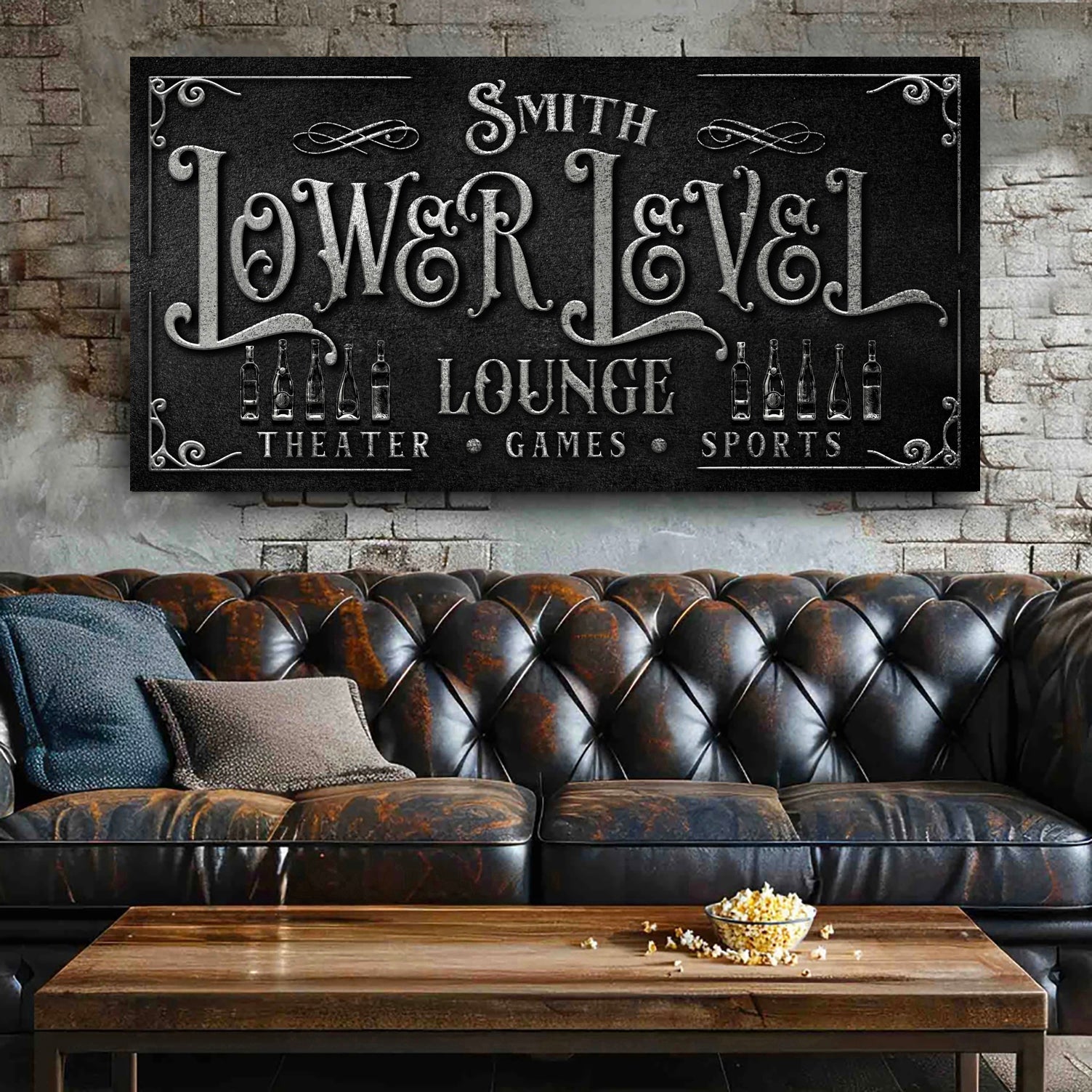 Personalized Lower Level Sign canvas by Tailored Canvases, dark gray with metallic lettering on Tampa Home & Garden Store