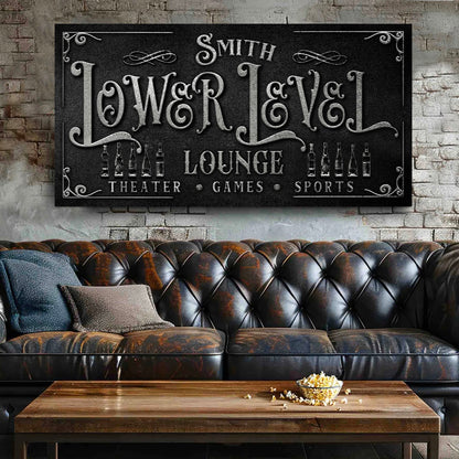 Personalized Lower Level Sign canvas by Tailored Canvases, dark gray with metallic lettering on Tampa Home & Garden Store