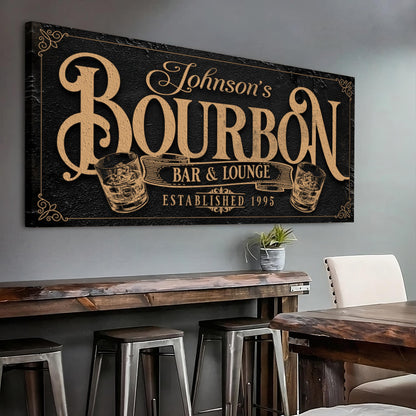Personalized Bourbon Bar Sign II canvas in black with gold Johnson's lettering and corners on Tampa Home & Garden Store
