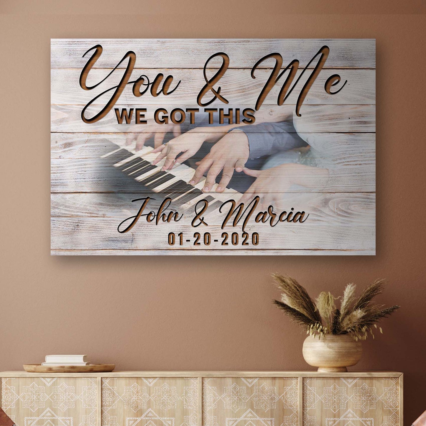 Canvas sign You & Me We Got This Couple Piano Sign by Tailored Canvases, rustic wood background on Tampa Home & Garden Store