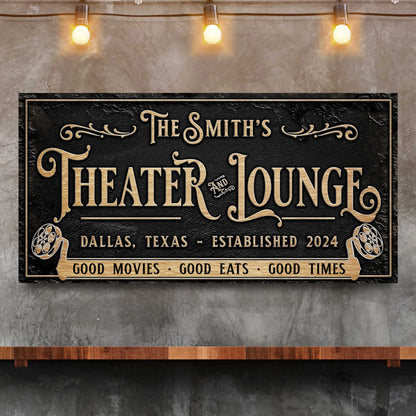 Personalized Theater Sign II canvas wall art – black with gold lettering by Tailored Canvases on Tampa Home & Garden Store
