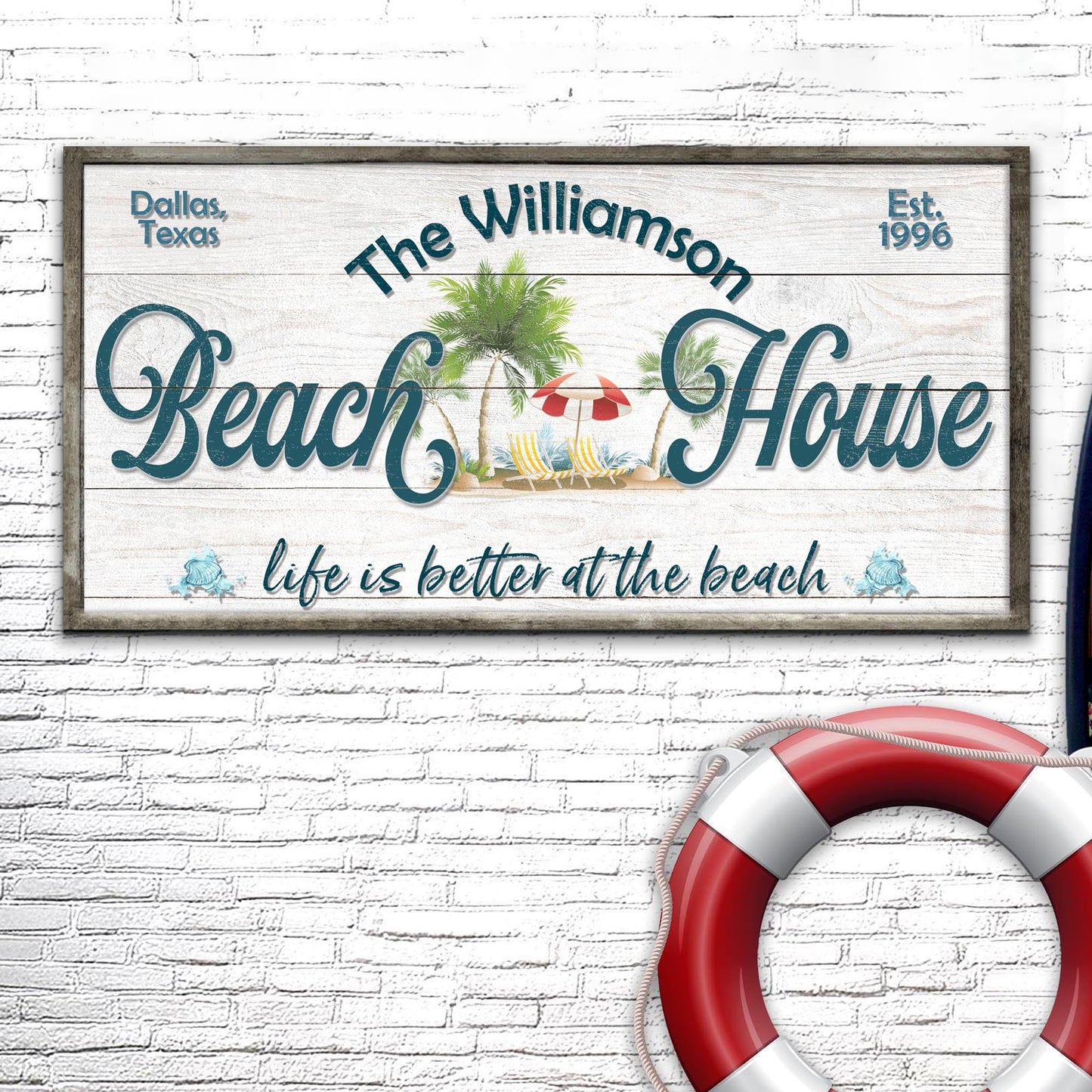 Personalized Beach House Sign canvas by Tailored Canvases with palm trees on white wood frame on Tampa Home & Garden Store