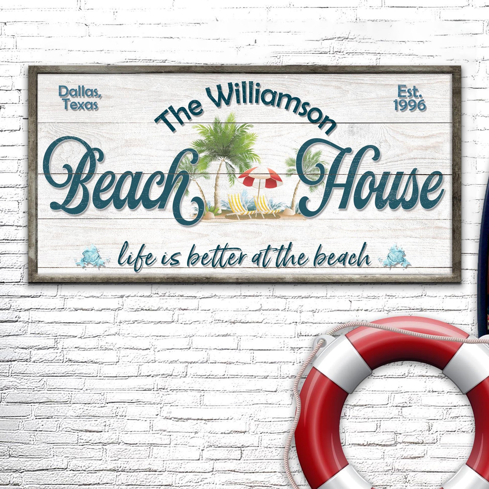 Personalized Beach House Sign canvas by Tailored Canvases with palm trees on white wood frame on Tampa Home & Garden Store