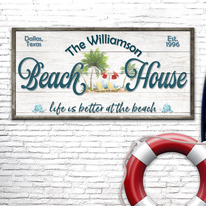 Personalized Beach House Sign canvas by Tailored Canvases with palm trees on white wood frame on Tampa Home & Garden Store