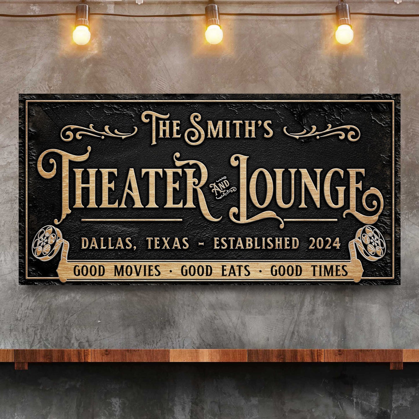 Personalized Theater Sign II canvas plaque with black textured surface and gold ornate lettering on Tampa Home & Garden Store