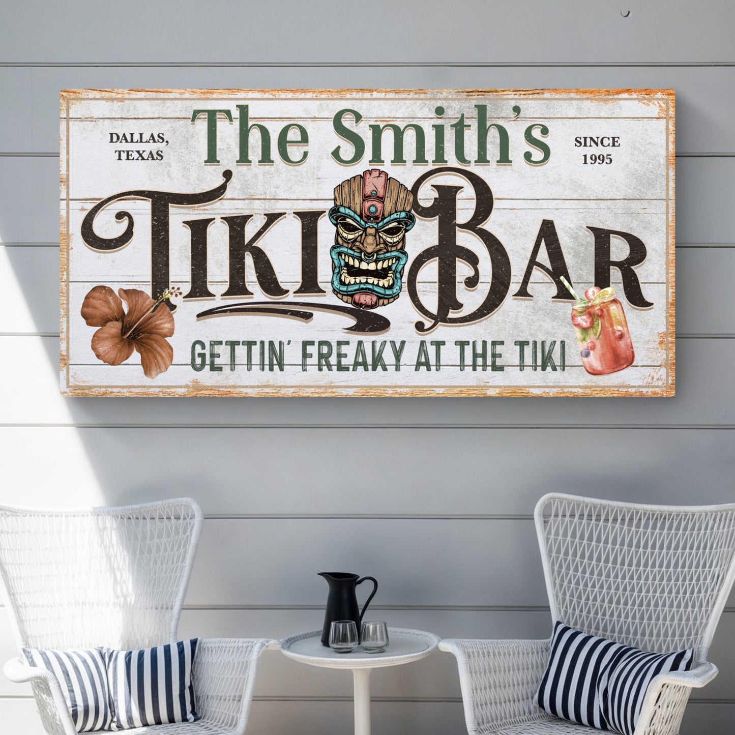 Personalized tiki bar sign canvas by Tailored Canvases with distressed vintage finish on Tampa Home & Garden Store