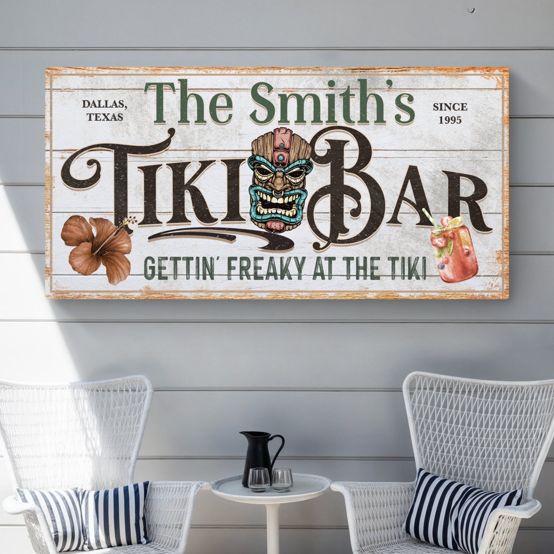 Personalized tiki bar sign canvas by Tailored Canvases with distressed vintage finish on Tampa Home & Garden Store