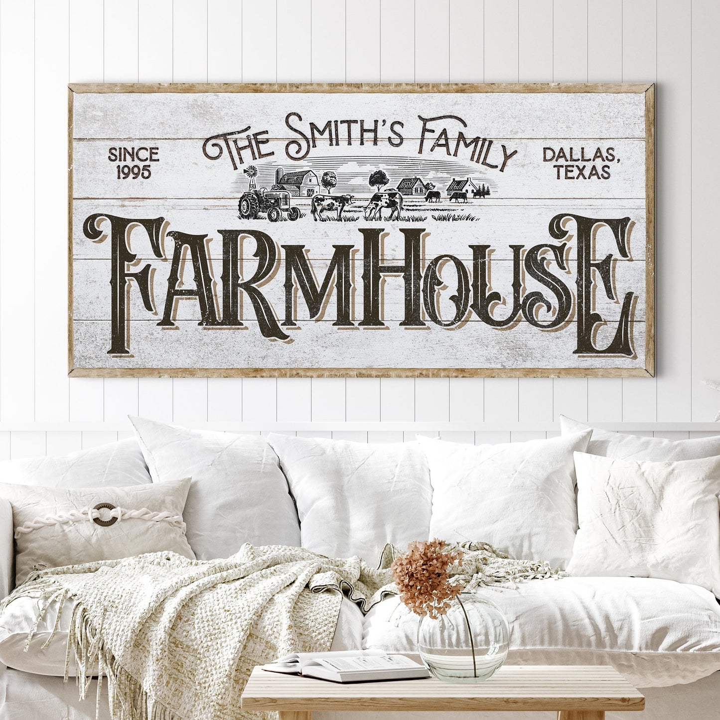 Personalized farmhouse sign canvas by Tailored Canvases with rustic background and farm scene on Tampa Home & Garden Store