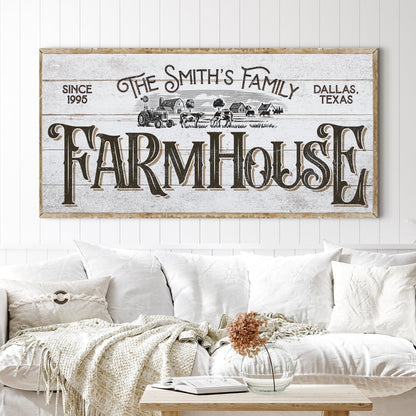 Personalized farmhouse sign canvas by Tailored Canvases with rustic background and farm scene on Tampa Home & Garden Store