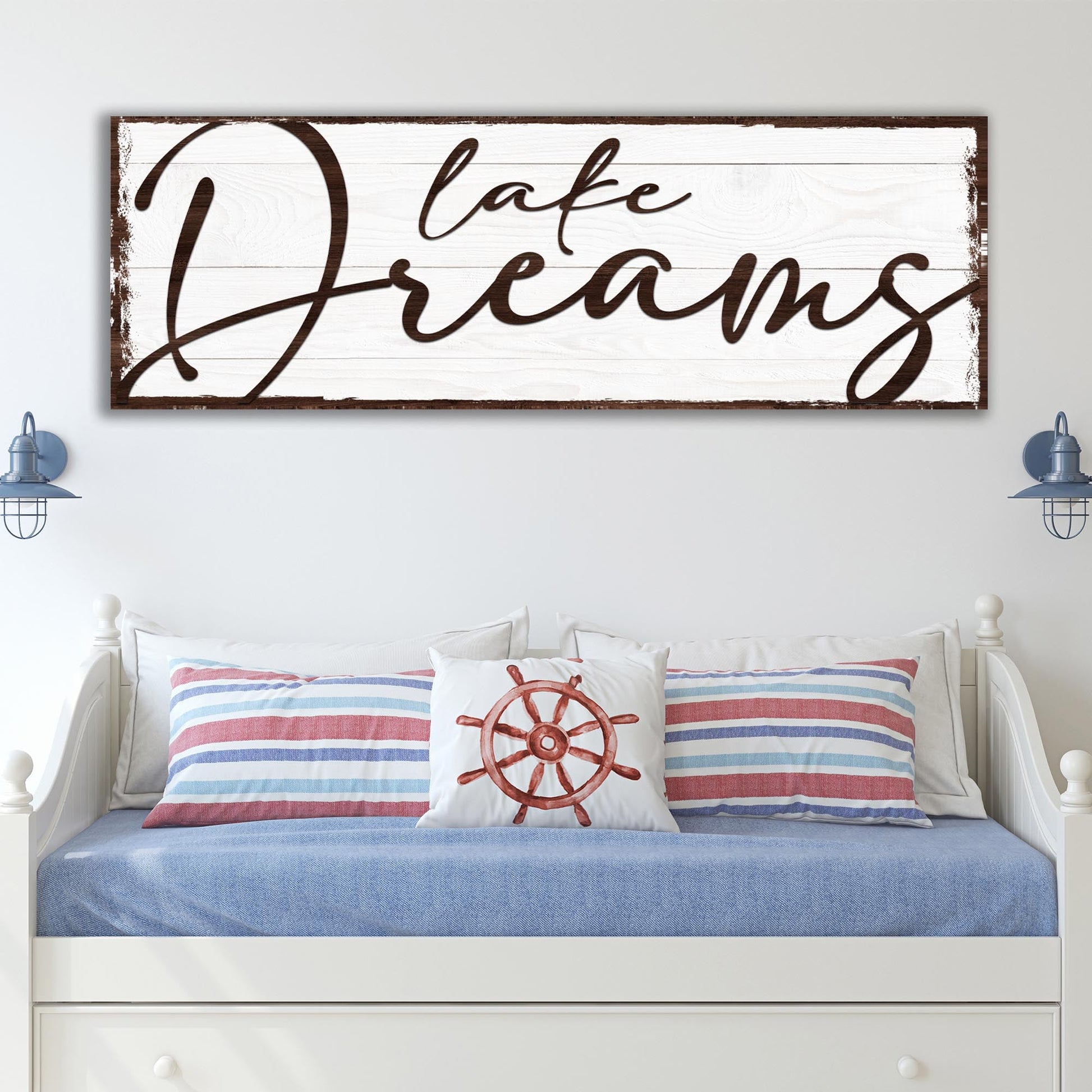 Lake Dreams sign canvas with white wood backdrop and brown border Tailored Canvases on Tampa Home & Garden Store