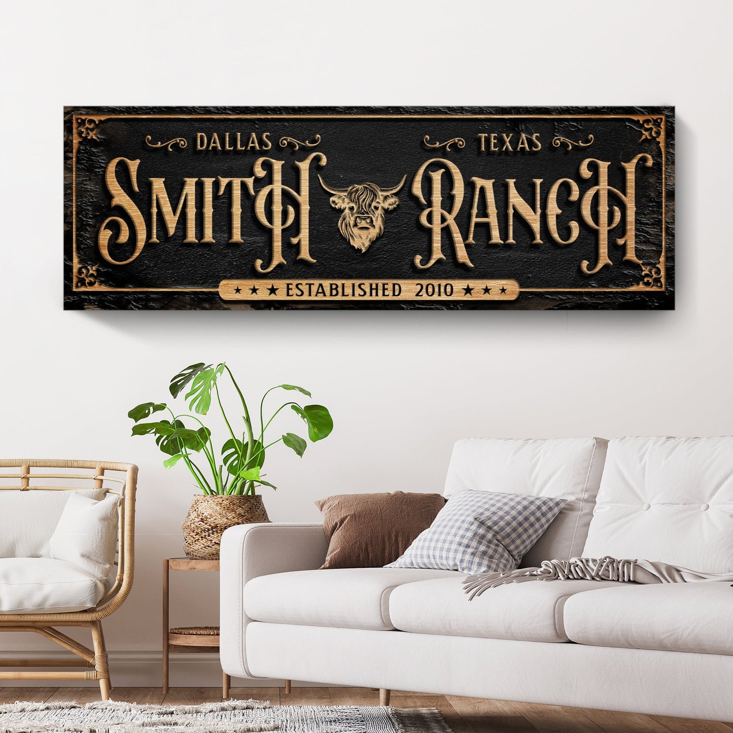Personalized cattle ranch sign canvas by Tailored Canvases black gold lettering bull head on Tampa Home & Garden Store