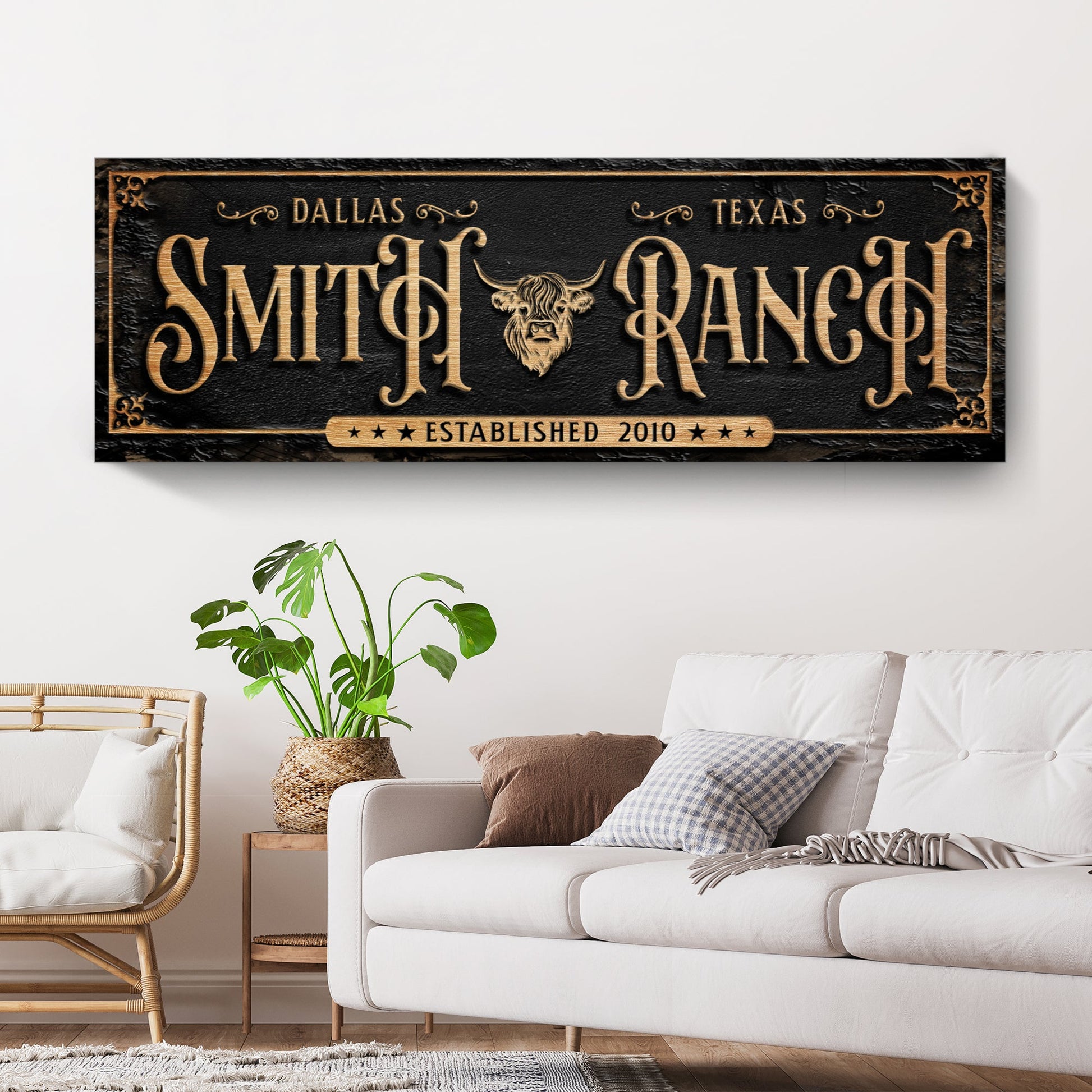 Personalized cattle ranch sign canvas by Tailored Canvases black gold lettering bull head on Tampa Home & Garden Store