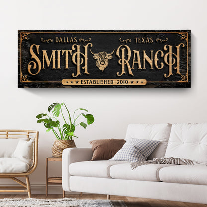 Personalized cattle ranch sign canvas by Tailored Canvases black gold lettering bull head on Tampa Home & Garden Store