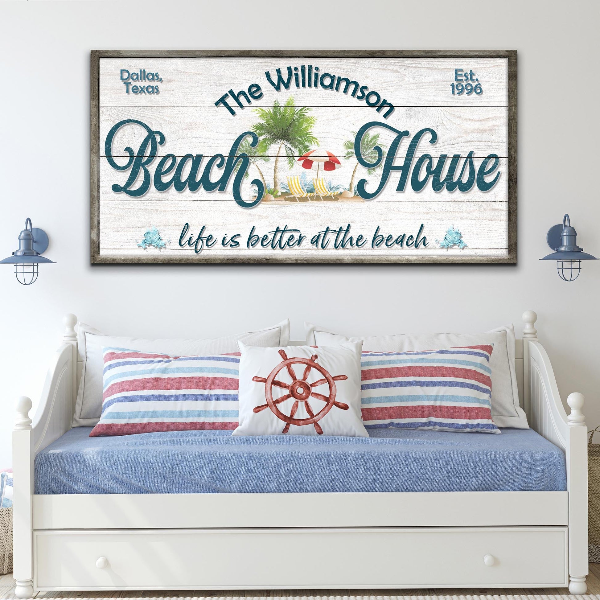 Personalized Beach House Sign III canvas craft art with teal Beach House script and palm trees on Tampa Home & Garden Store