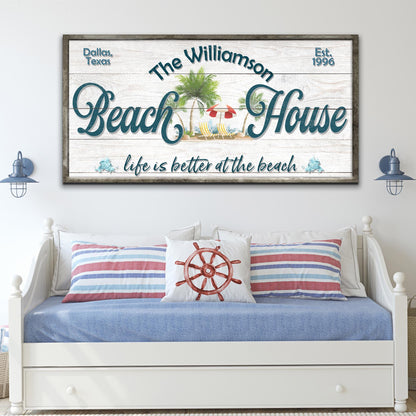 Personalized Beach House Sign III canvas craft art with teal Beach House script and palm trees on Tampa Home & Garden Store
