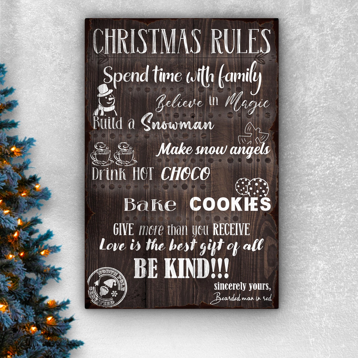 Christmas Rules Sign canvas with rustic wood grain, white script lettering and snowman graphic on Tampa Home & Garden Store